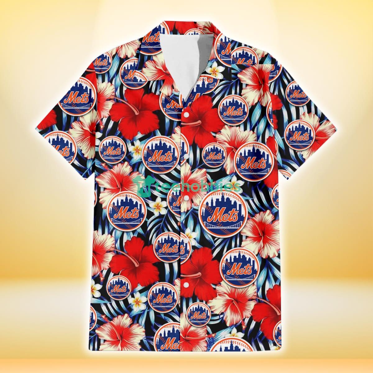 New York Mets Coral Red Hibiscus Blue Palm Leaf Black Background 3D Hawaiian Shirt Gift For Fans Product Photo 2