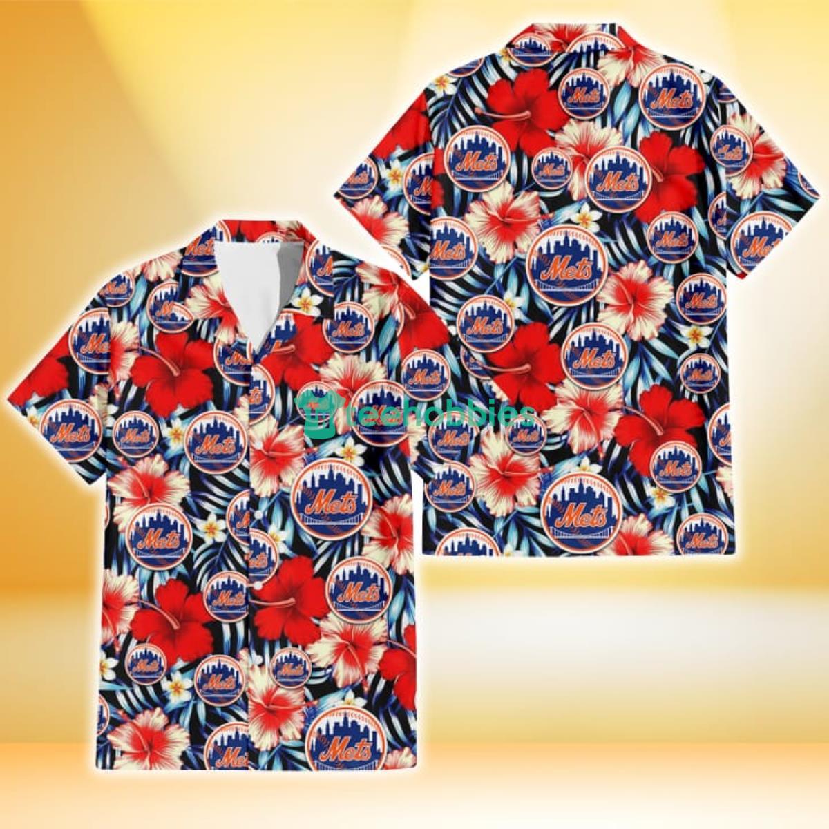 New York Mets Coral Red Hibiscus Blue Palm Leaf Black Background 3D Hawaiian Shirt Gift For Fans Product Photo 1