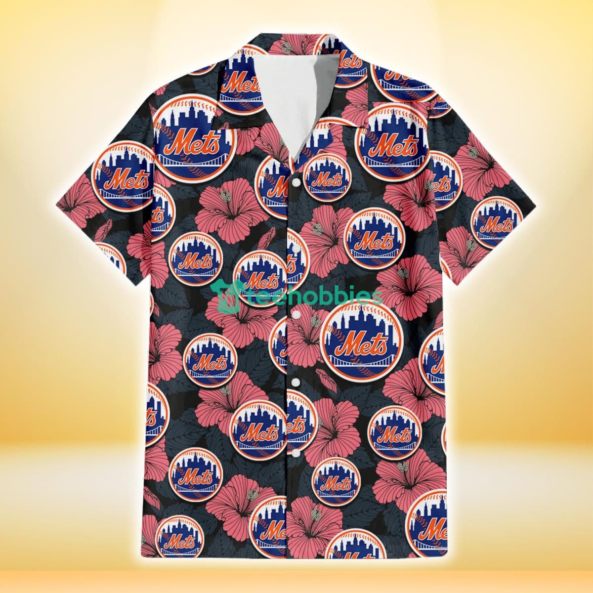 New York Mets Light Coral Hibiscus Gray Leaf Black Background 3D Hawaiian Shirt Gift For Fans Product Photo 2