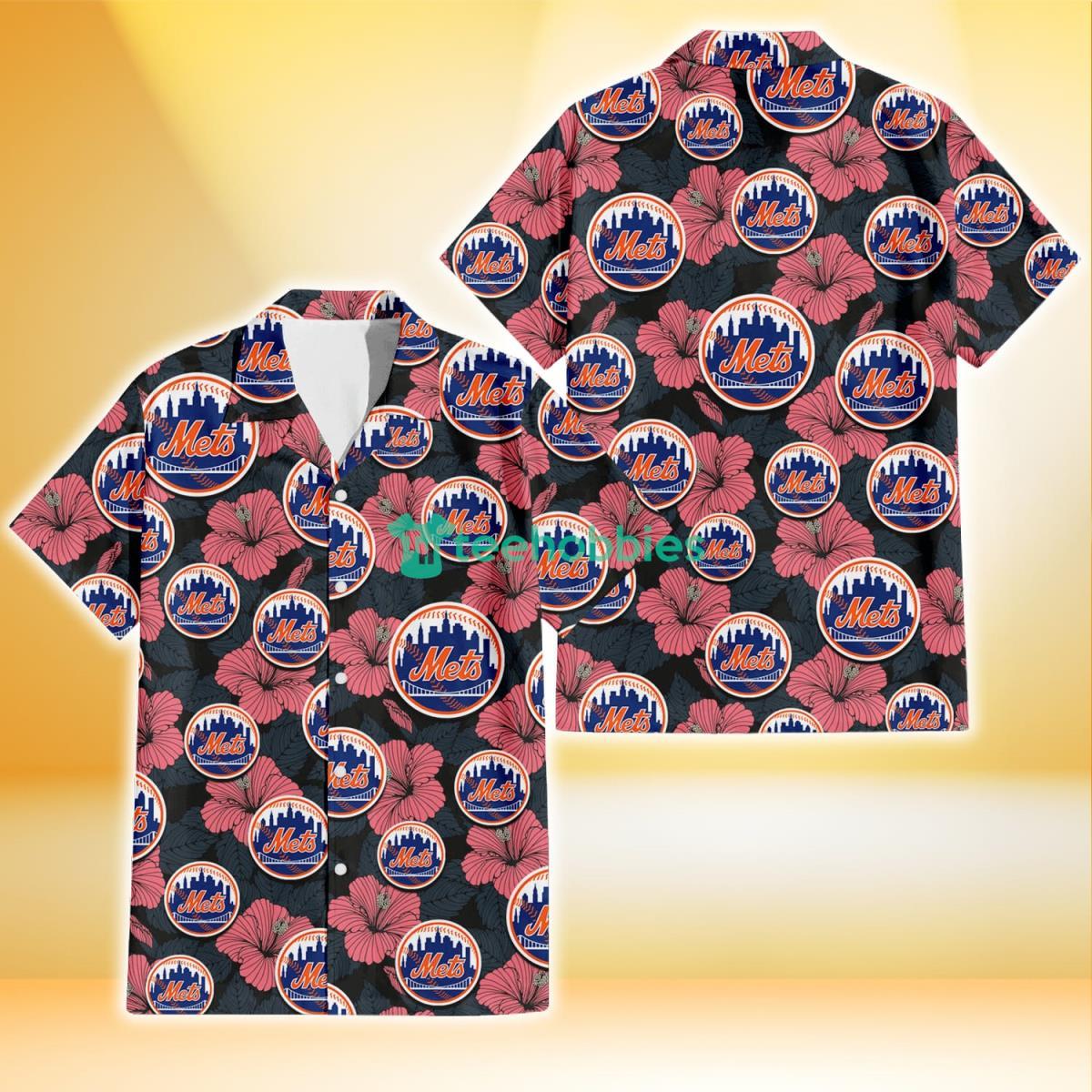 New York Mets Light Coral Hibiscus Gray Leaf Black Background 3D Hawaiian Shirt Gift For Fans Product Photo 1