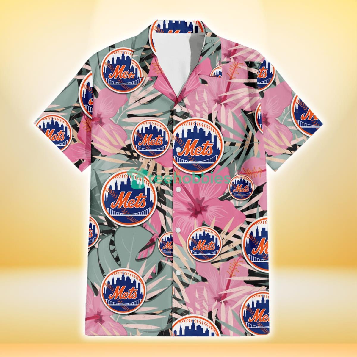 New York Mets Light Pink Hibiscus Pale Green Leaf Black Background 3D Hawaiian Shirt Gift For Fans Product Photo 2