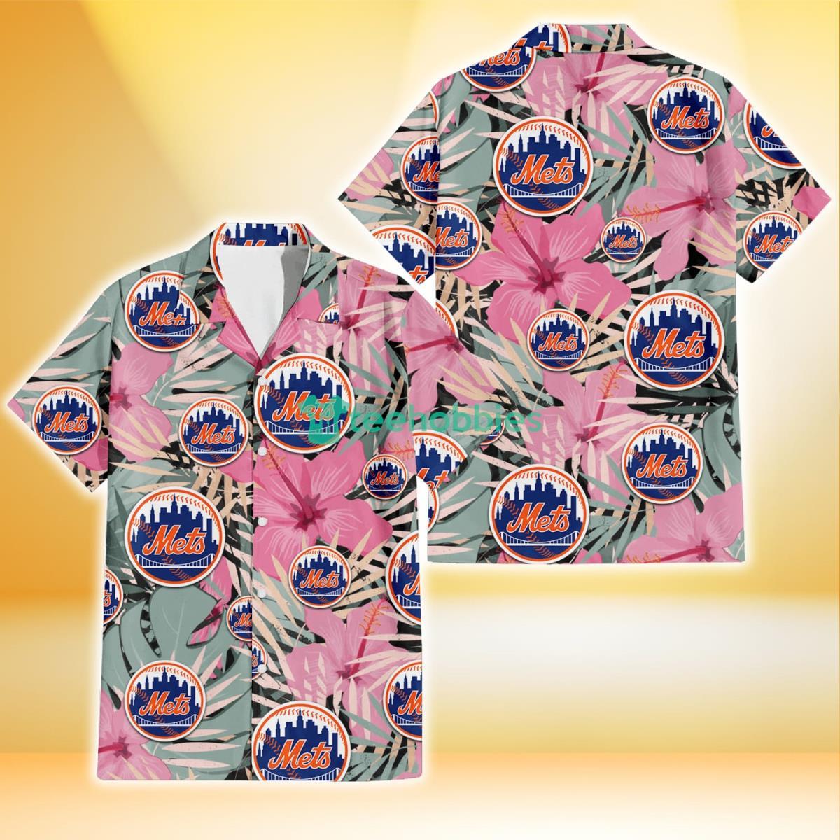 New York Mets Light Pink Hibiscus Pale Green Leaf Black Background 3D Hawaiian Shirt Gift For Fans Product Photo 1