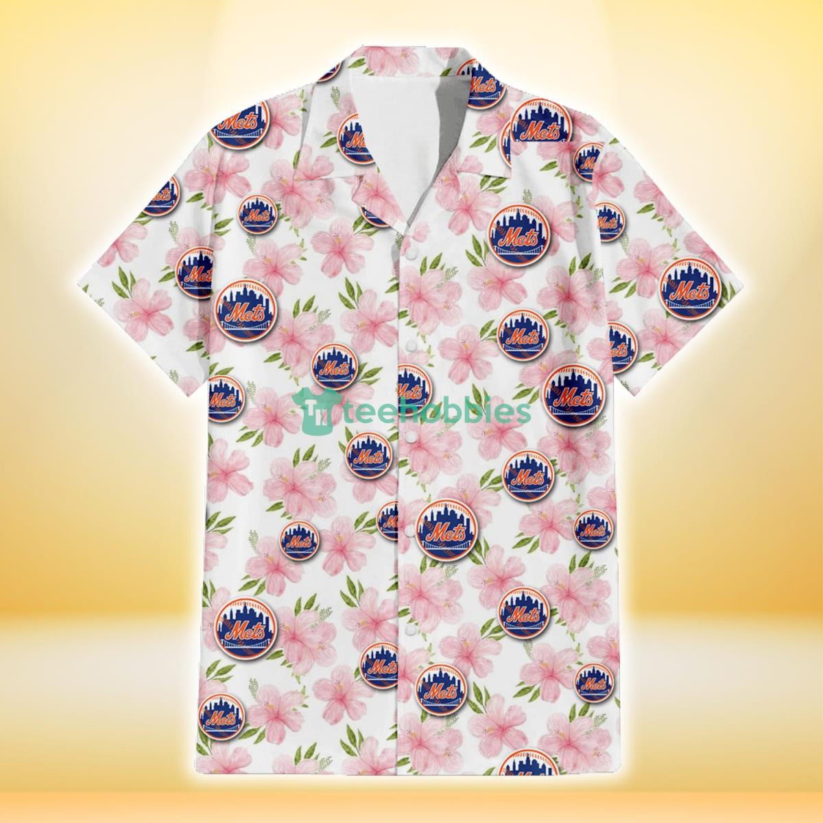 New York Mets Light Pink Hibiscus White Background 3D Hawaiian Shirt Gift For Fans Product Photo 2