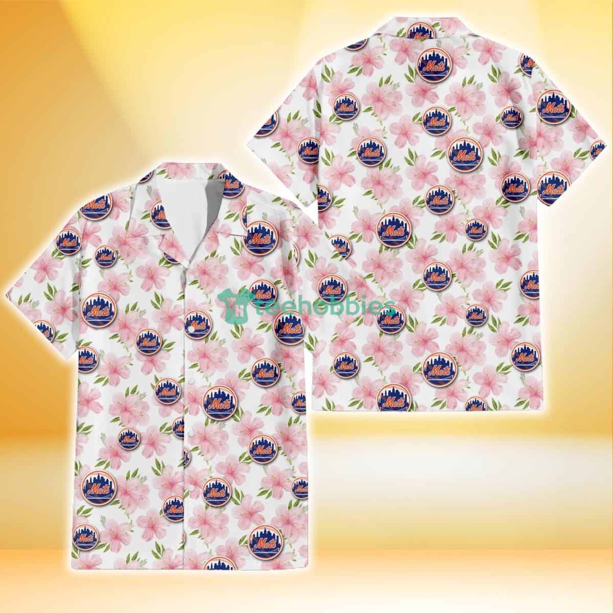 New York Mets Light Pink Hibiscus White Background 3D Hawaiian Shirt Gift For Fans Product Photo 1