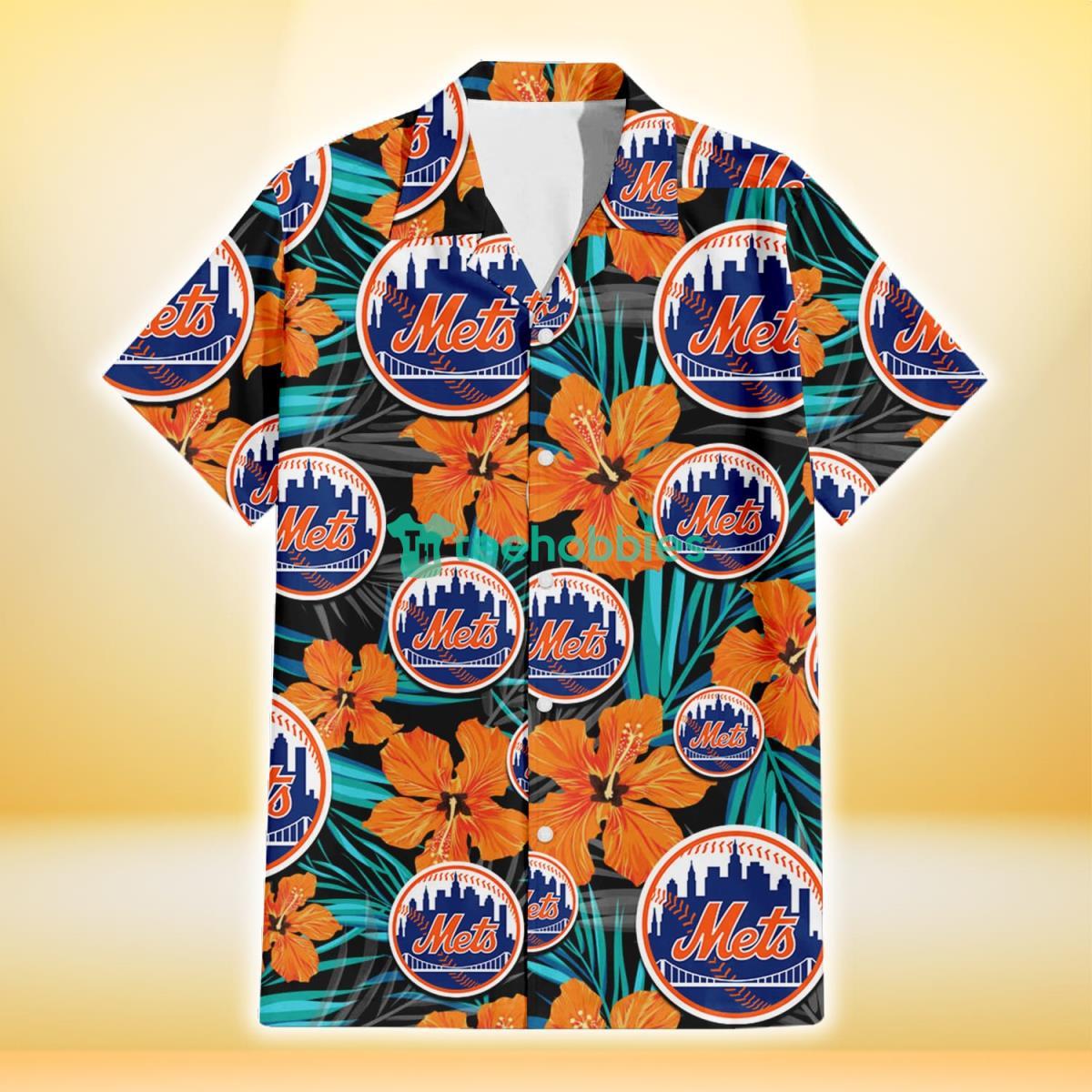 New York Mets Orange Hibiscus Blue Gray Leaf Black Background 3D Hawaiian Shirt Gift For Fans Product Photo 2