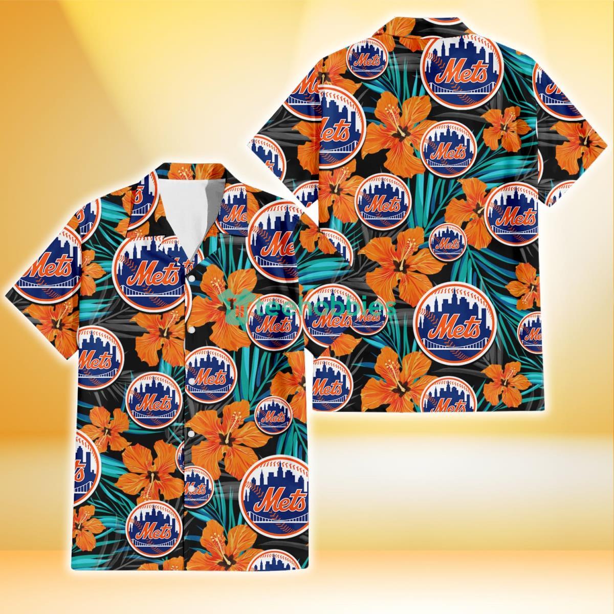 New York Mets Orange Hibiscus Blue Gray Leaf Black Background 3D Hawaiian Shirt Gift For Fans Product Photo 1