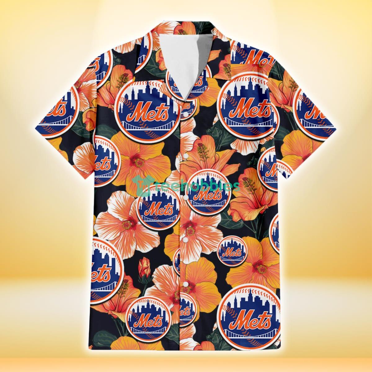 New York Mets Orange Hibiscus Dark Green Leaf Black Background 3D Hawaiian Shirt Gift For Fans Product Photo 2