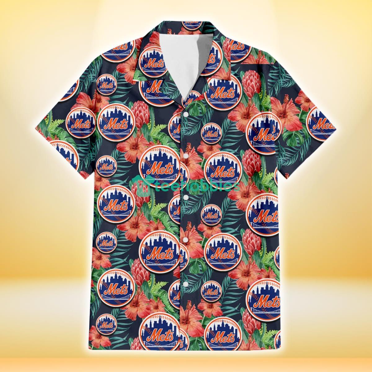 New York Mets Orange Hibiscus Green Tropical Leaf Dark Background 3D Hawaiian Shirt Gift For Fans Product Photo 2