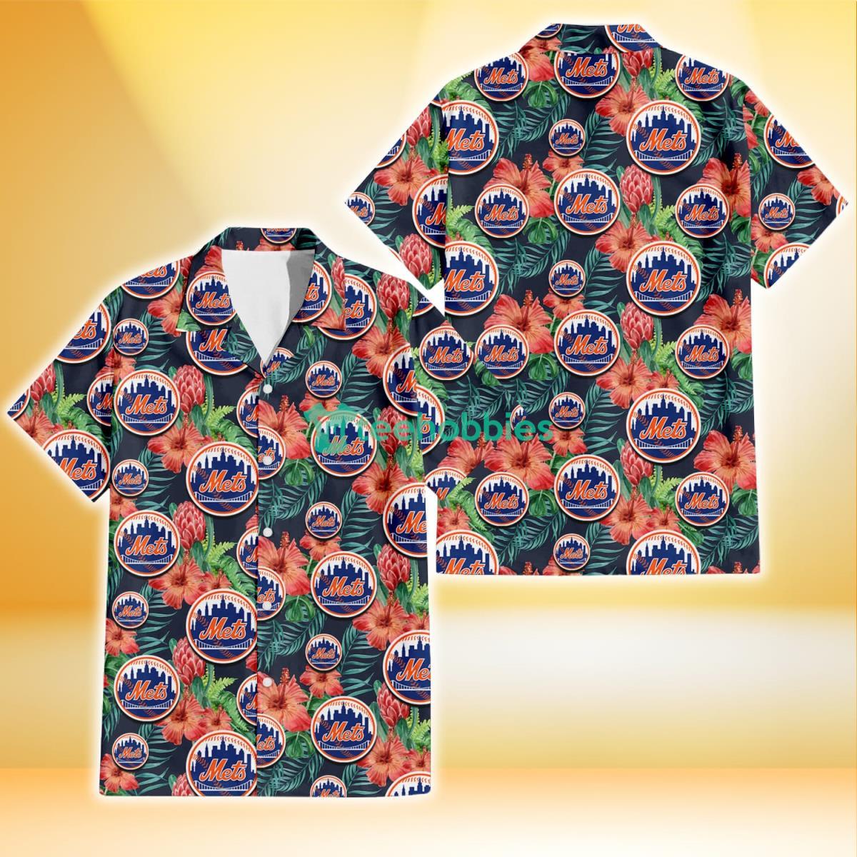 New York Mets Orange Hibiscus Green Tropical Leaf Dark Background 3D Hawaiian Shirt Gift For Fans Product Photo 1
