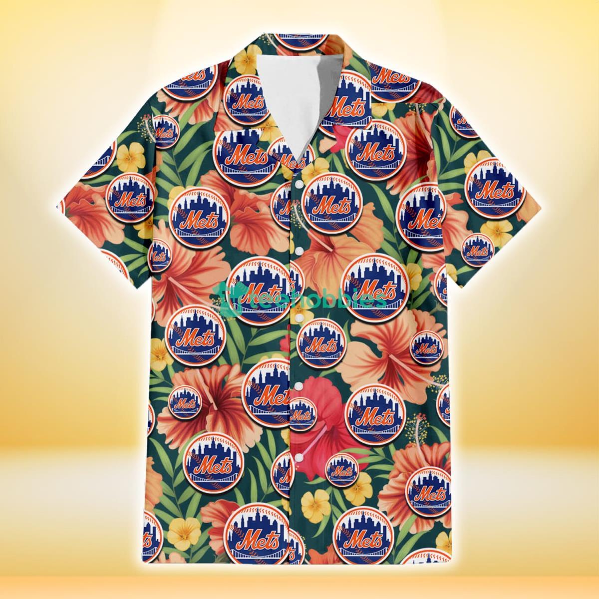 New York Mets Orange Red Hibiscus Green Leaf Dark Background 3D Hawaiian Shirt Gift For Fans Product Photo 2