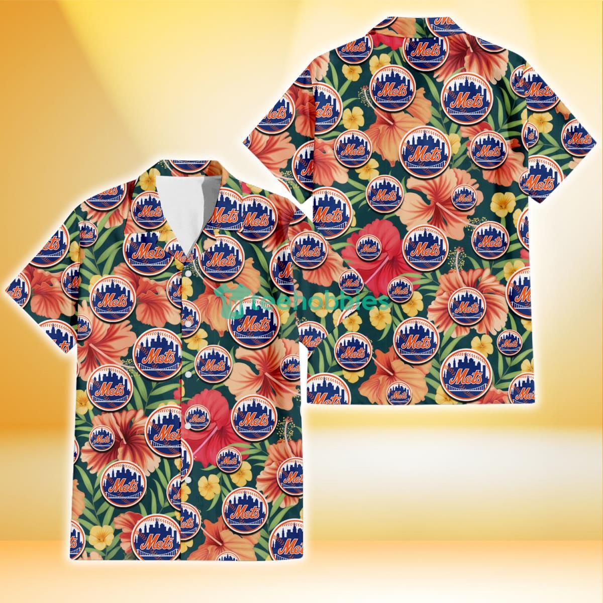 New York Mets Orange Red Hibiscus Green Leaf Dark Background 3D Hawaiian Shirt Gift For Fans Product Photo 1