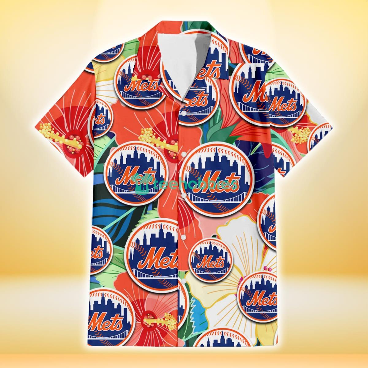 New York Mets Orange White Tropical Hibiscus Green Leaf 3D Hawaiian Shirt Gift For Fans Product Photo 2