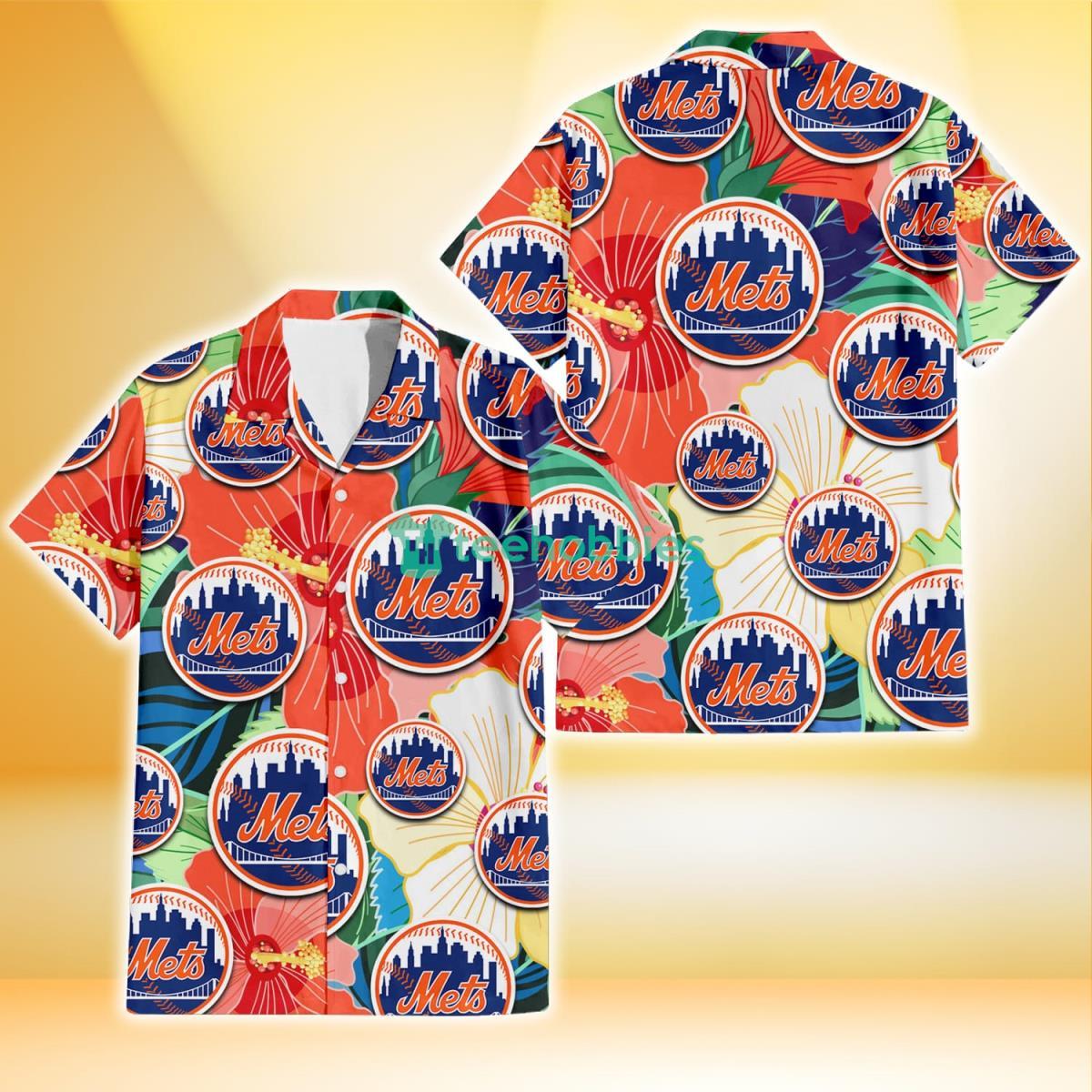 New York Mets Orange White Tropical Hibiscus Green Leaf 3D Hawaiian Shirt Gift For Fans Product Photo 1
