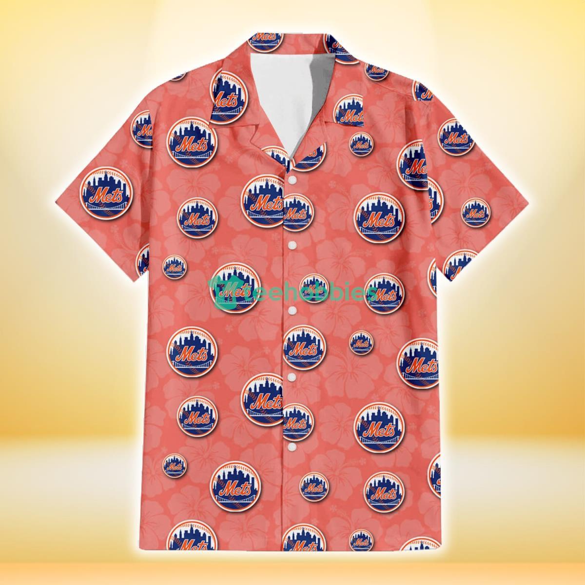 New York Mets Peach Puff Hibiscus Tomato Orange Background 3D Hawaiian Shirt Gift For Fans Product Photo 2