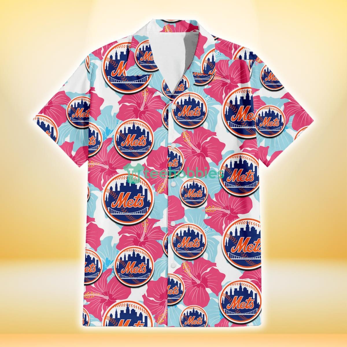 New York Mets Pink Blue Hibiscus White Background 3D Hawaiian Shirt Gift For Fans Product Photo 2