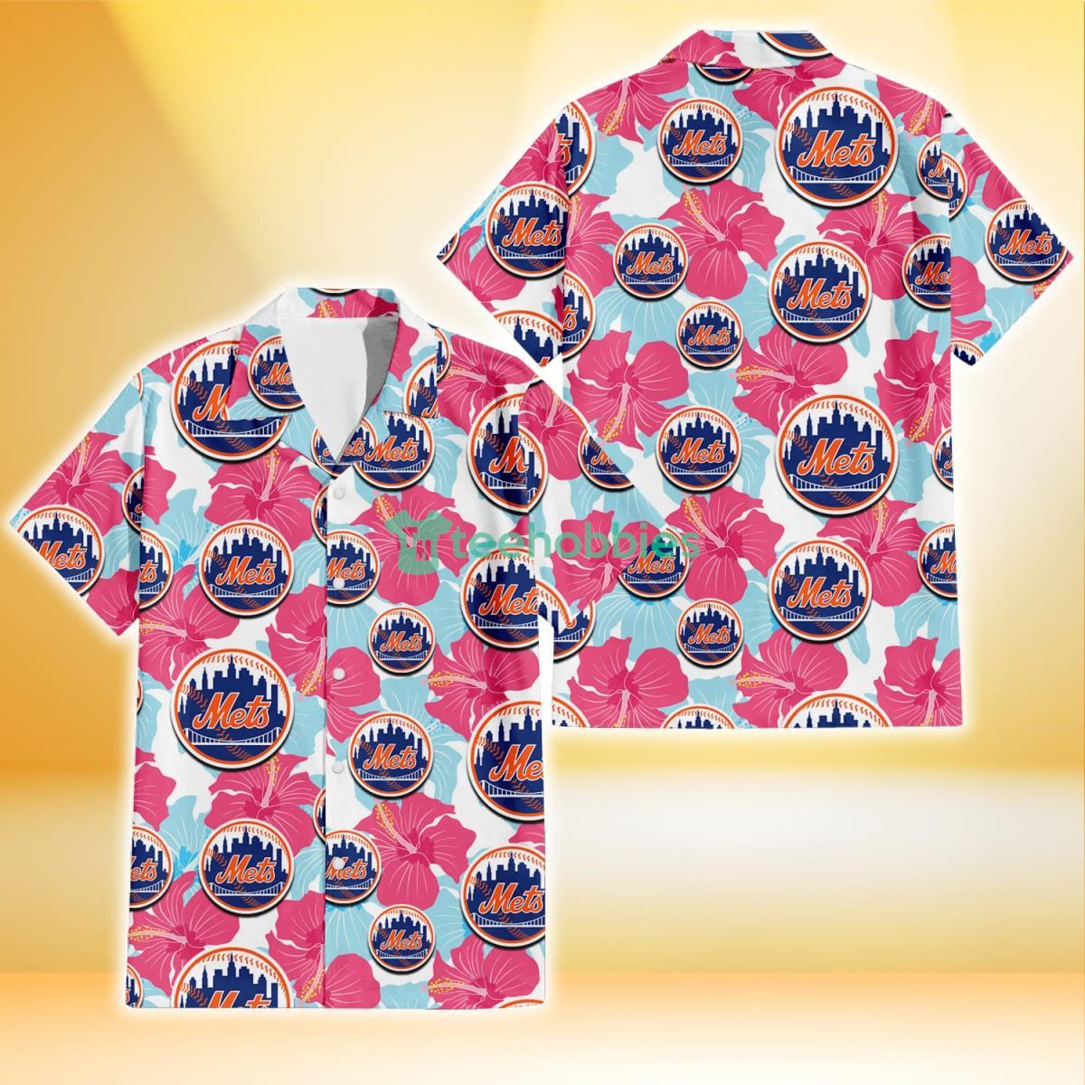 New York Mets Pink Blue Hibiscus White Background 3D Hawaiian Shirt Gift For Fans Product Photo 1