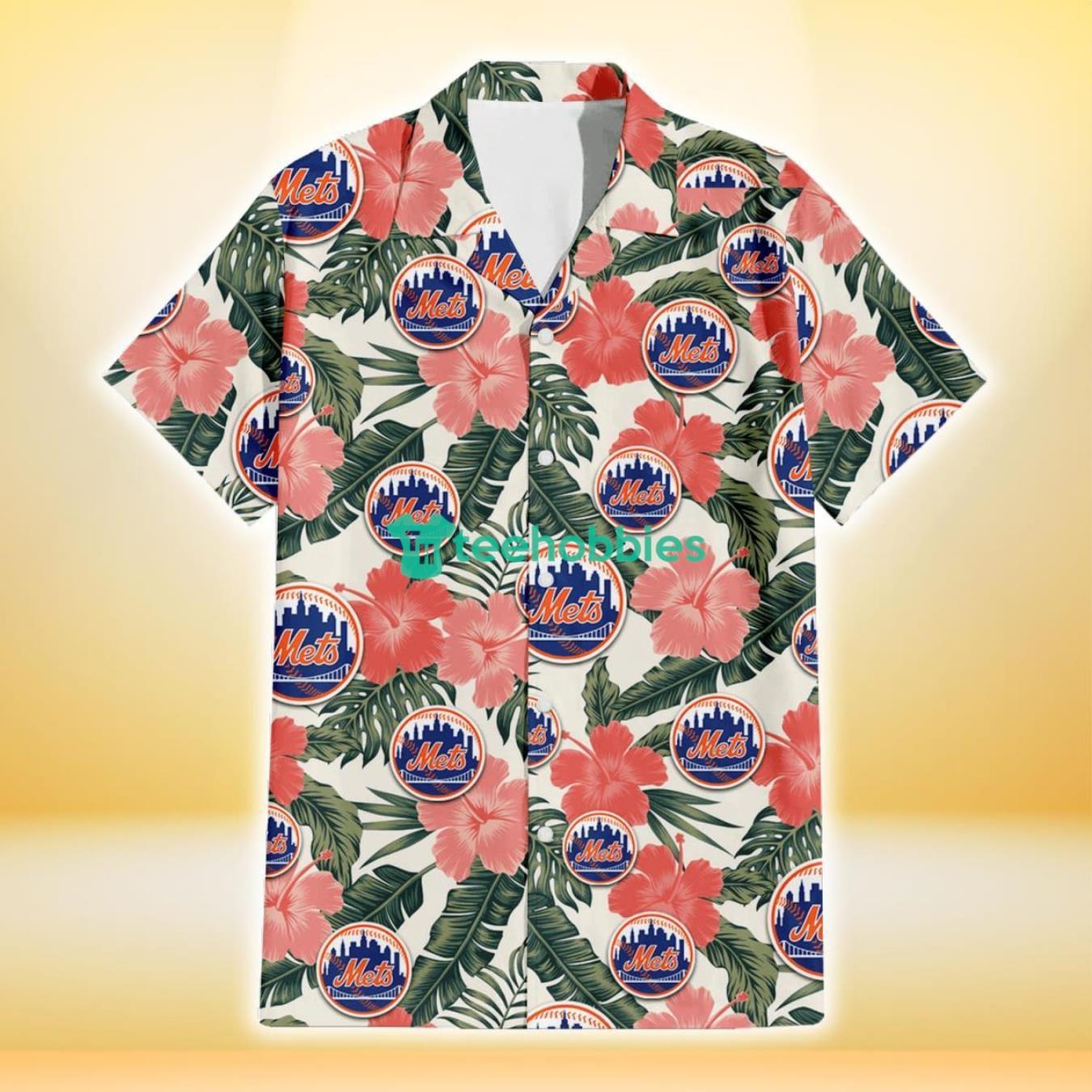 New York Mets Pink Coral Hibiscus Banana Leaf Beige Background 3D Hawaiian Shirt Gift For Fans Product Photo 2