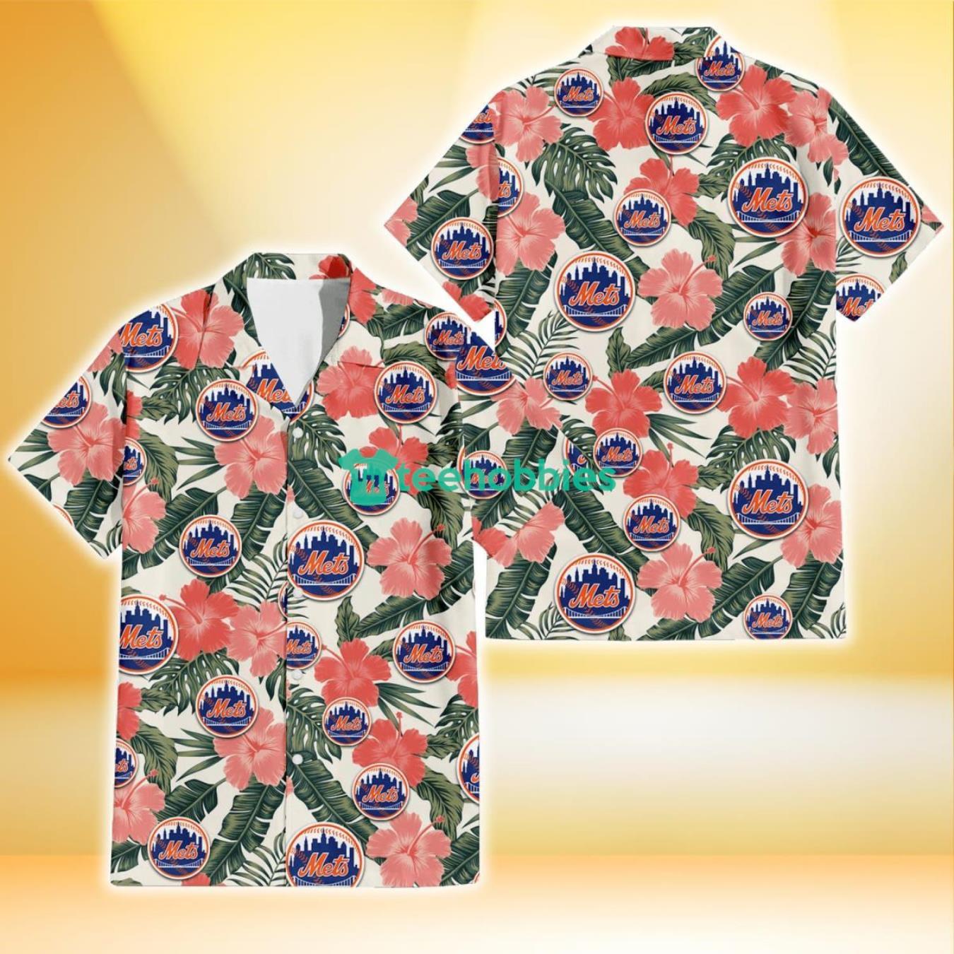 New York Mets Pink Coral Hibiscus Banana Leaf Beige Background 3D Hawaiian Shirt Gift For Fans Product Photo 1