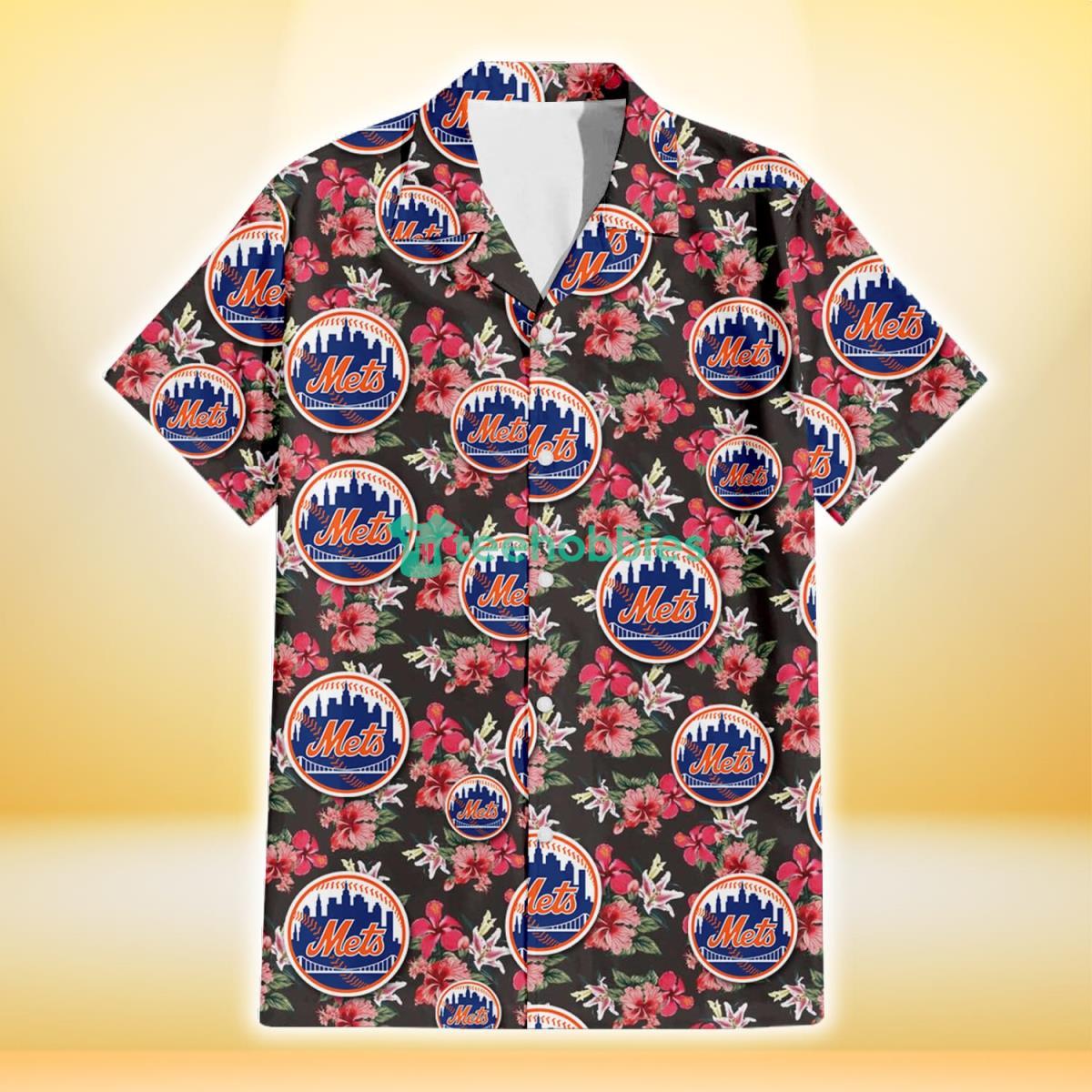 New York Mets Pink Hibiscus Orchid Brown Background 3D Hawaiian Shirt Gift For Fans Product Photo 2