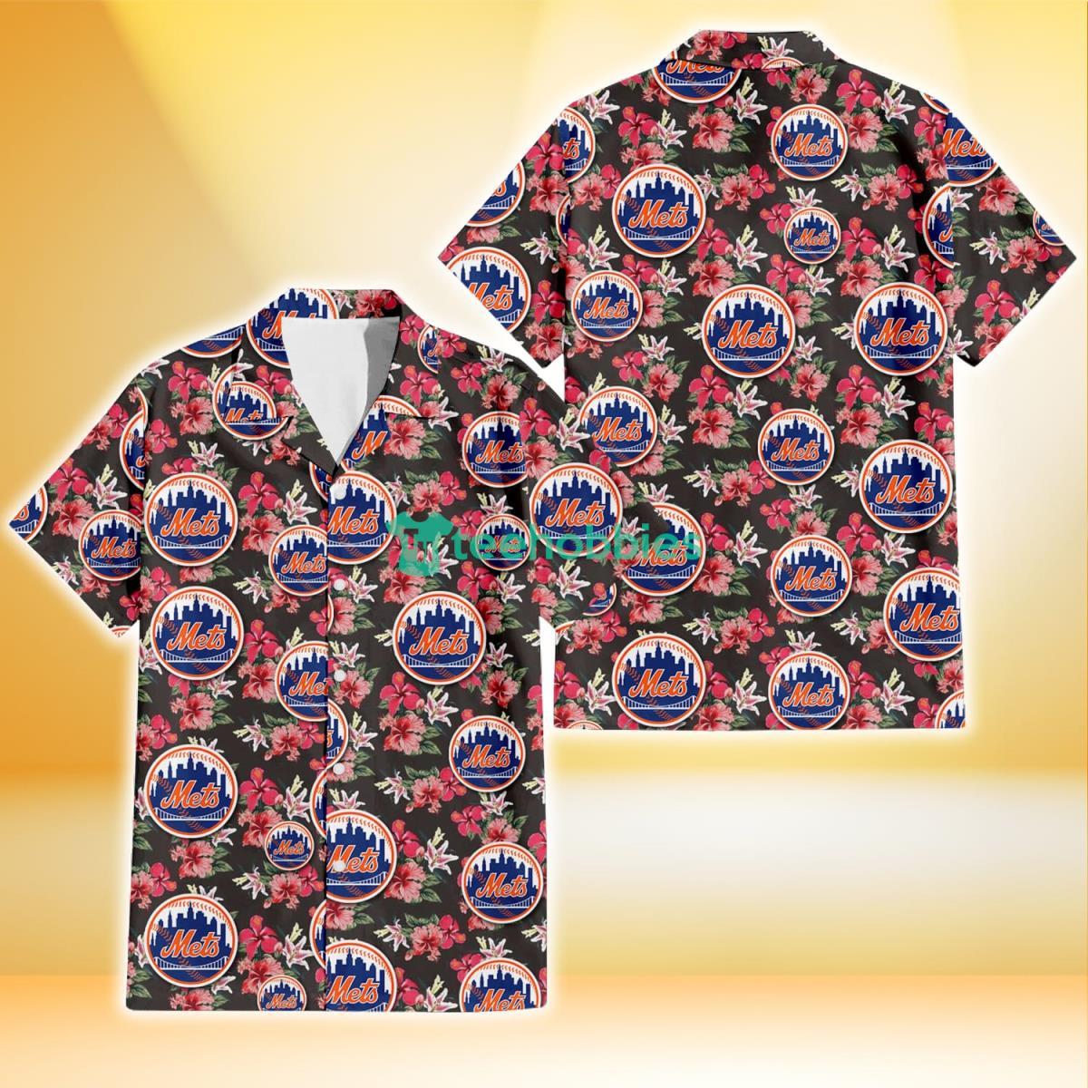 New York Mets Pink Hibiscus Orchid Brown Background 3D Hawaiian Shirt Gift For Fans Product Photo 1