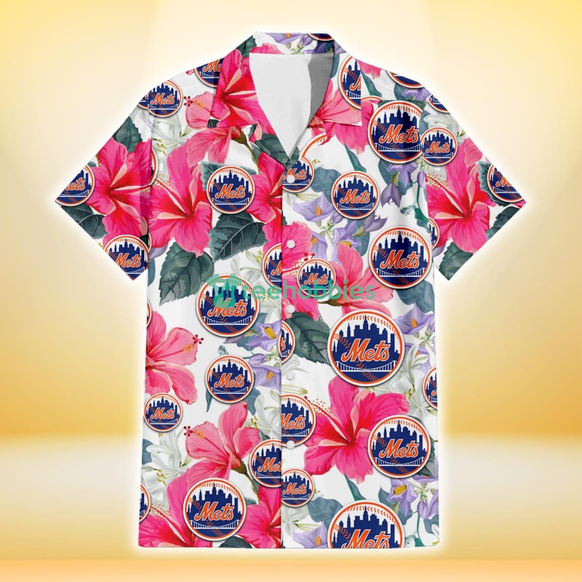 New York Mets Pink Hibiscus White Orchid White Background 3D Hawaiian Shirt Gift For Fans Product Photo 2