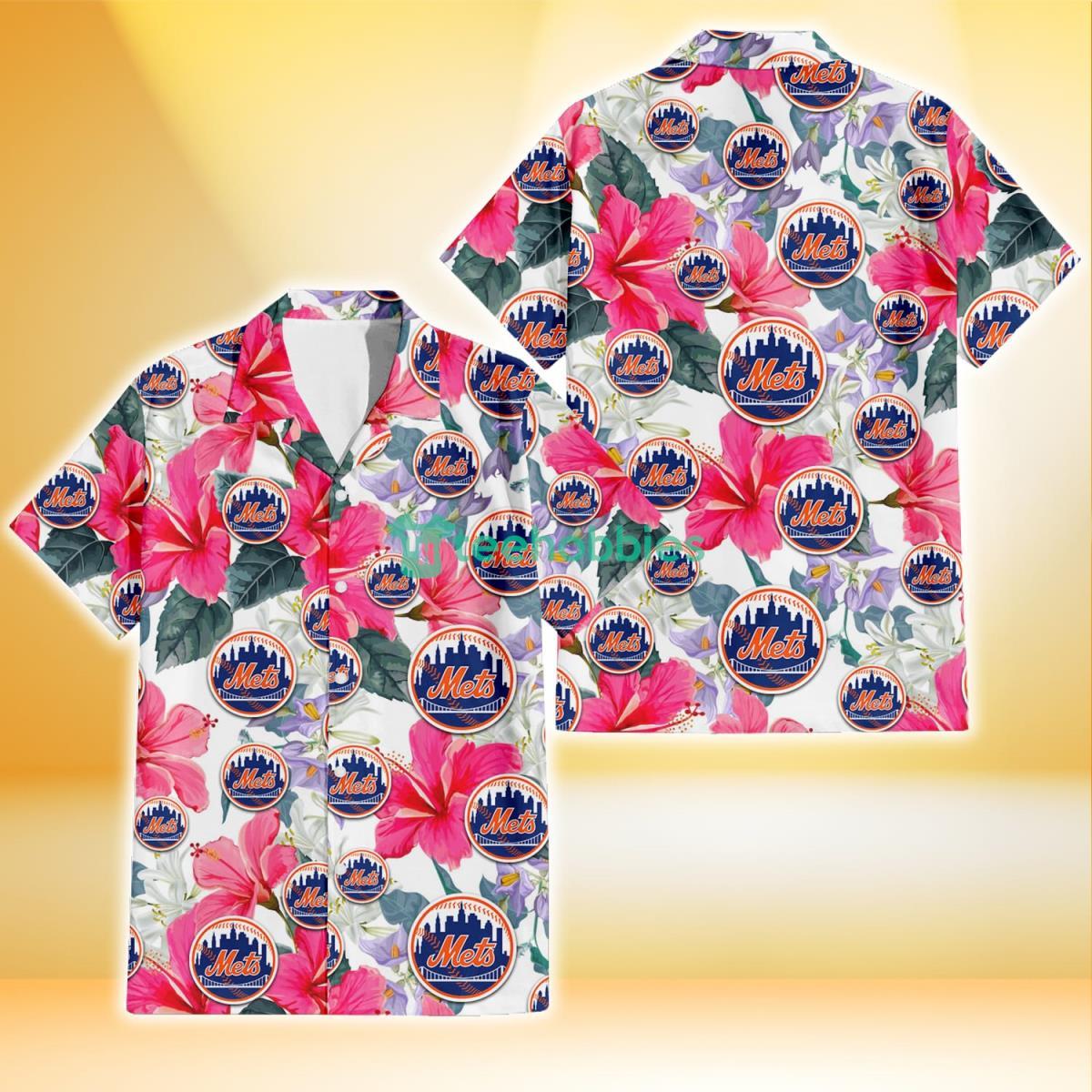 New York Mets Pink Hibiscus White Orchid White Background 3D Hawaiian Shirt Gift For Fans Product Photo 1