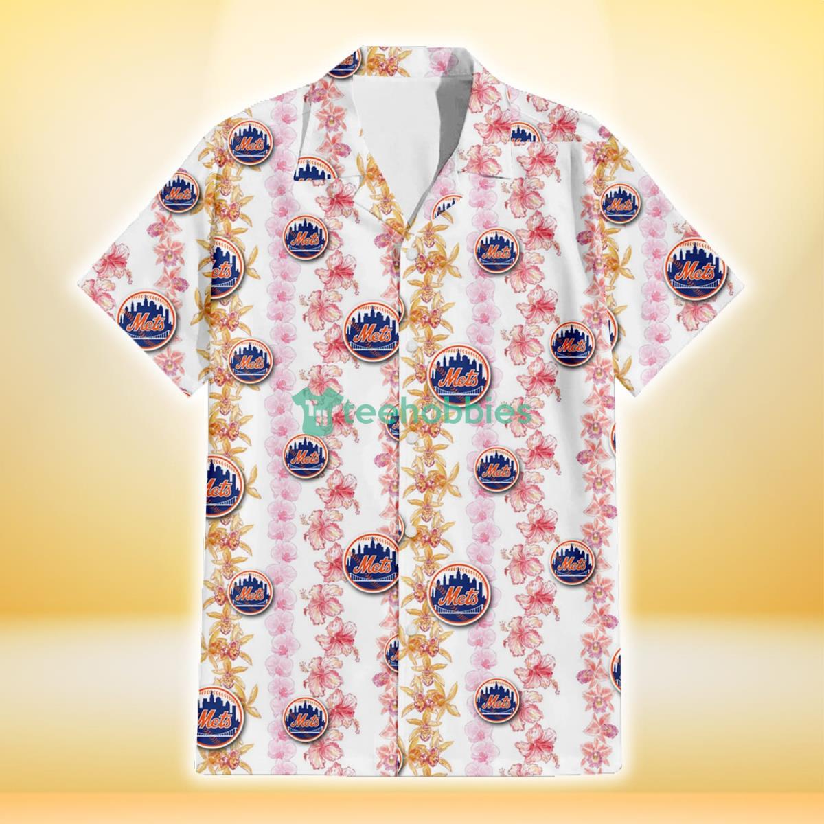 New York Mets Pink Hibiscus Yellow Pink Orchid White Background 3D Hawaiian Shirt Gift For Fans Product Photo 2