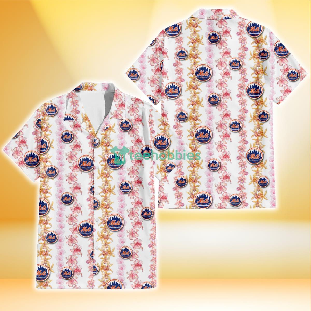 New York Mets Pink Hibiscus Yellow Pink Orchid White Background 3D Hawaiian Shirt Gift For Fans Product Photo 1