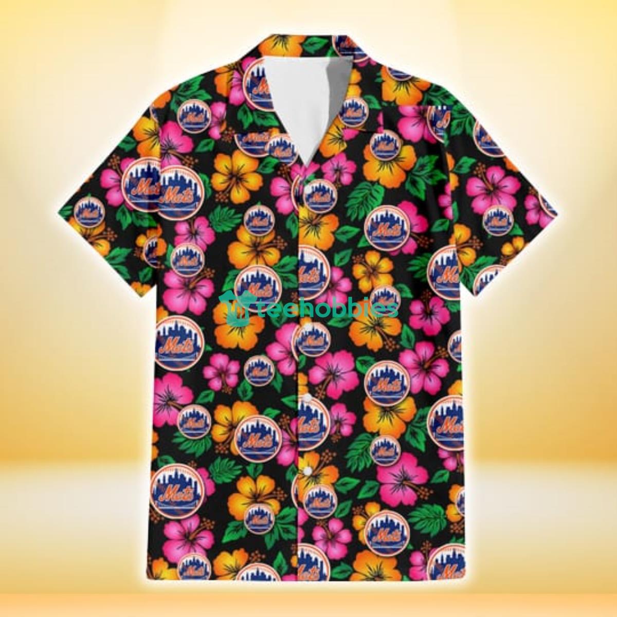 New York Mets Pink Orange Black Background 3D Hawaiian Shirt Gift For Fans Product Photo 2