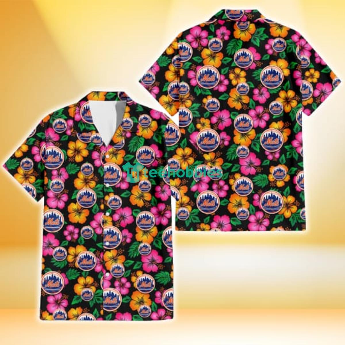 New York Mets Pink Orange Black Background 3D Hawaiian Shirt Gift For Fans Product Photo 1