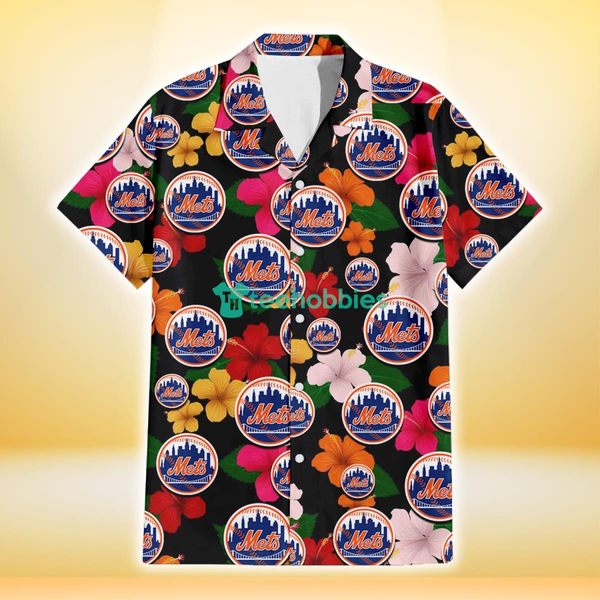 New York Mets Pink Orange Yellow White Hibiscus Black Background 3D Hawaiian Shirt Gift For Fans Product Photo 2