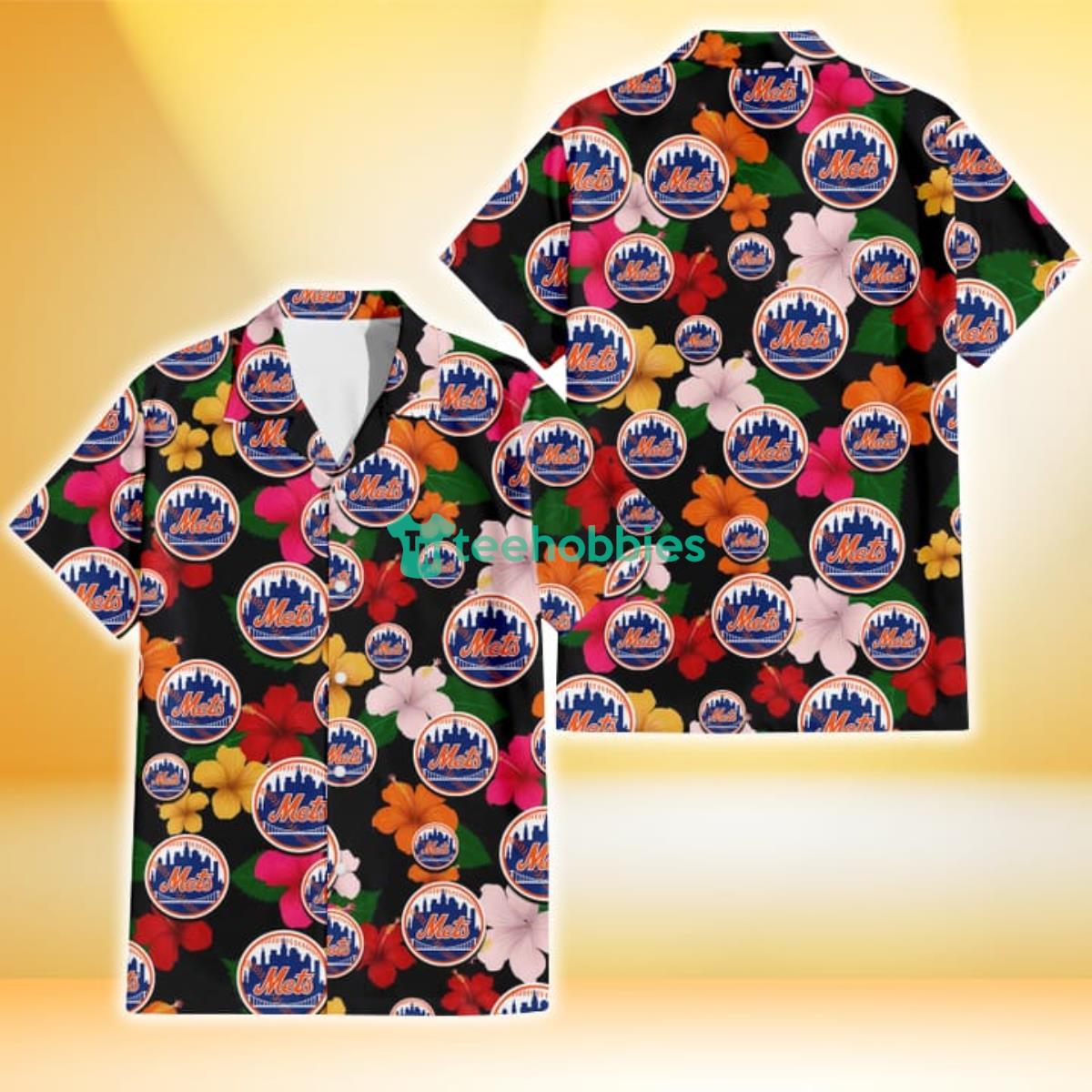 New York Mets Pink Orange Yellow White Hibiscus Black Background 3D Hawaiian Shirt Gift For Fans Product Photo 1