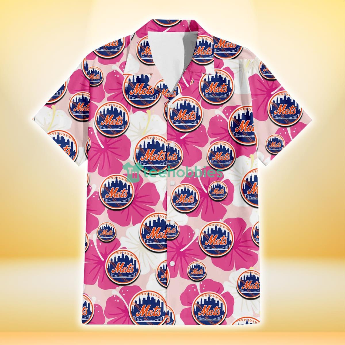New York Mets Pink White Hibiscus Misty Rose Background 3D Hawaiian Shirt Gift For Fans Product Photo 2