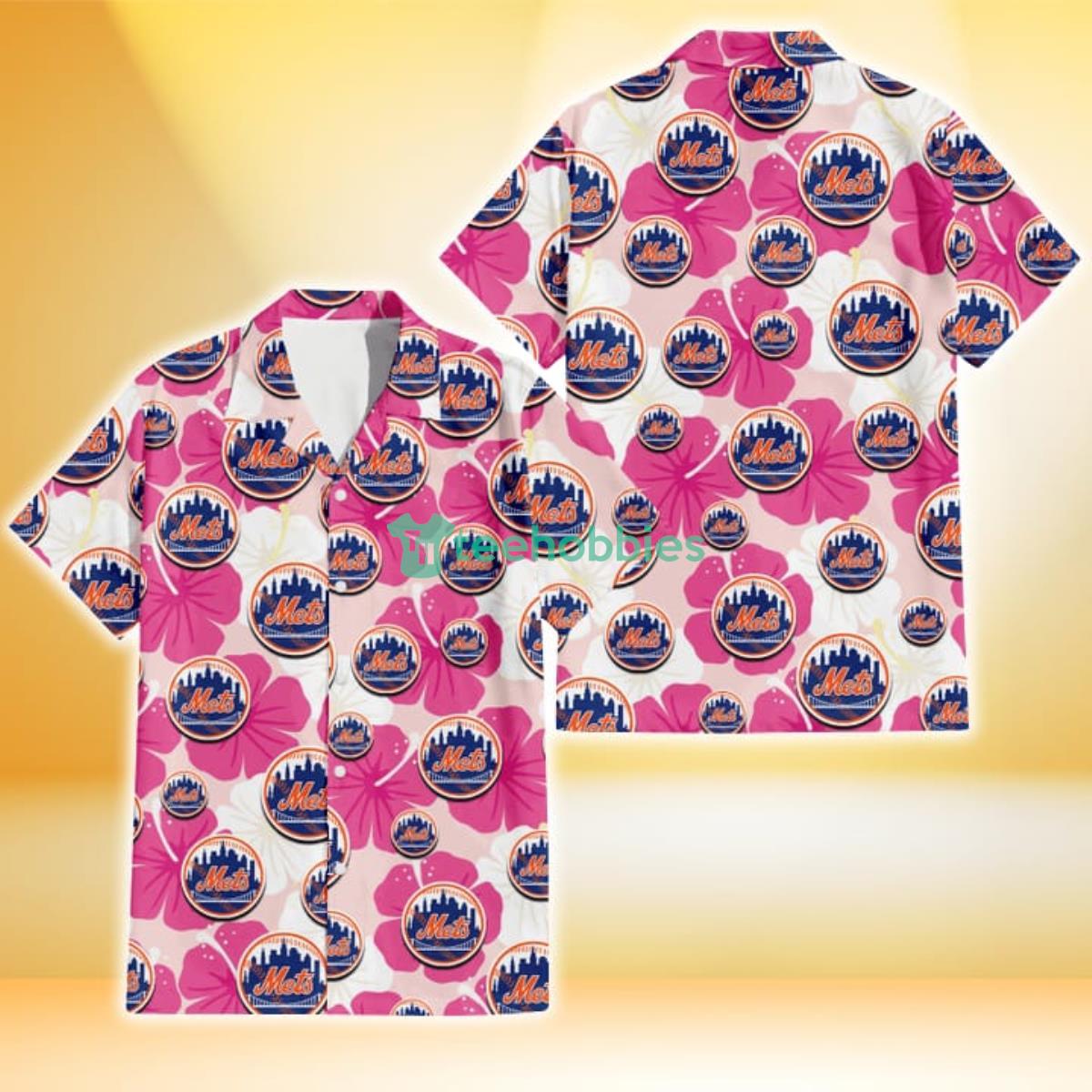 New York Mets Pink White Hibiscus Misty Rose Background 3D Hawaiian Shirt Gift For Fans Product Photo 1