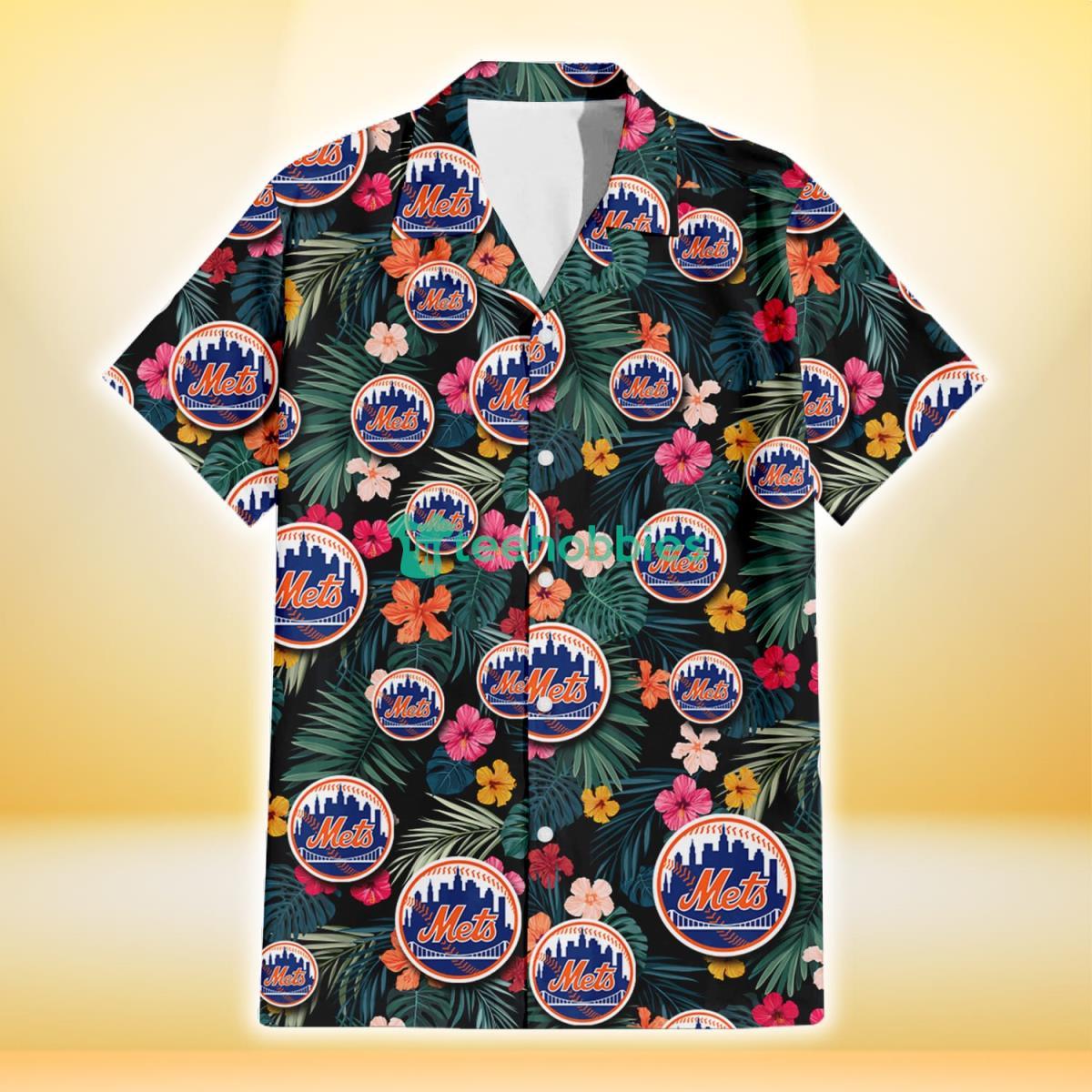New York Mets Pink Yellow Orange Hibiscus Big Tropical Leaf Black Background 3D Hawaiian Shirt Gift For Fans Product Photo 2