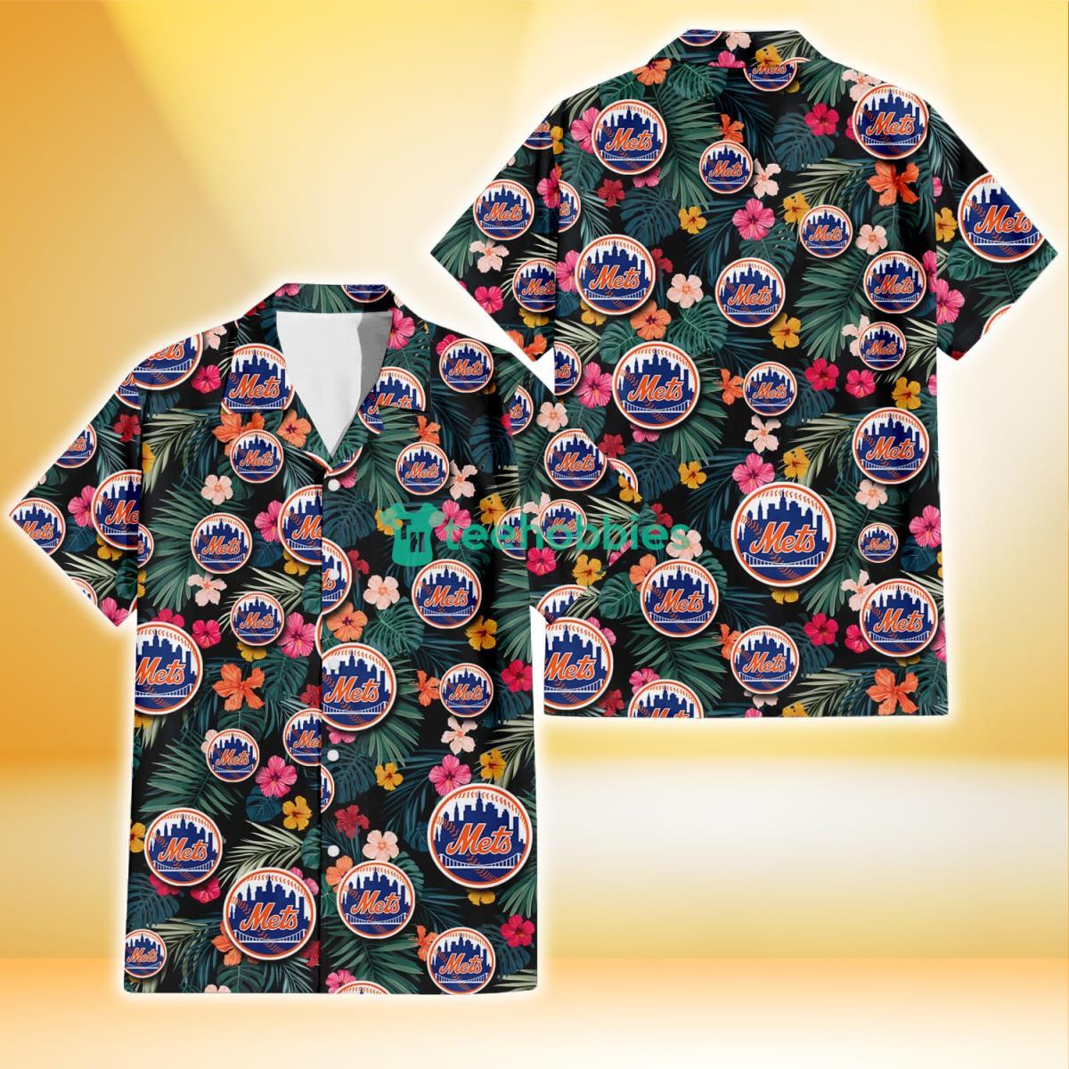 New York Mets Pink Yellow Orange Hibiscus Big Tropical Leaf Black Background 3D Hawaiian Shirt Gift For Fans Product Photo 1