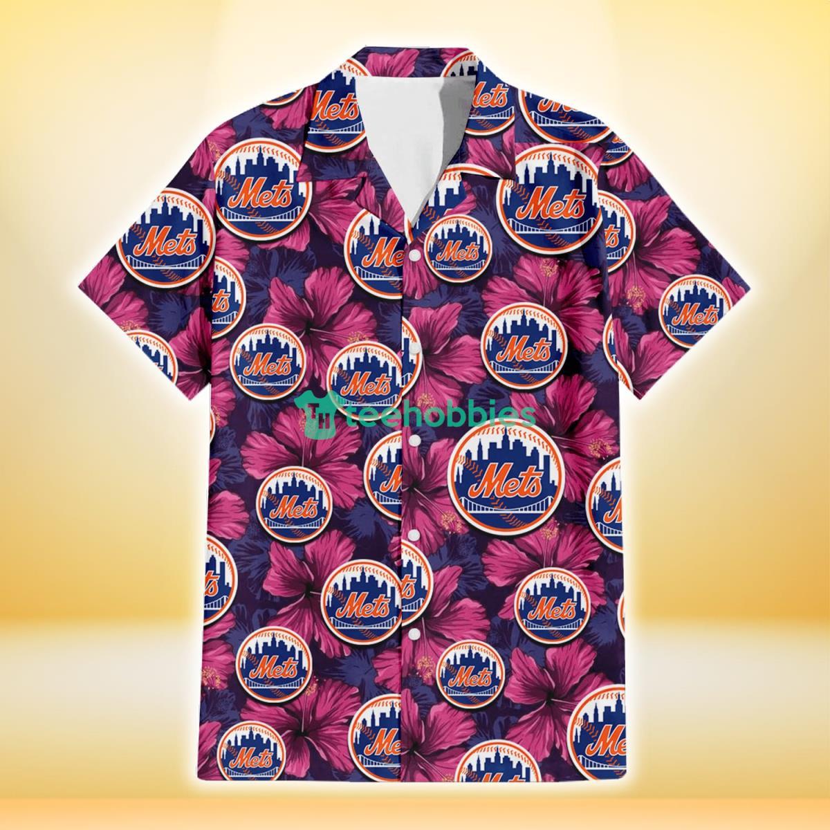 New York Mets Plum Vilolet Hibiscus Dark Navy Leaf Black 3D Hawaiian Shirt Gift For Fans Product Photo 2