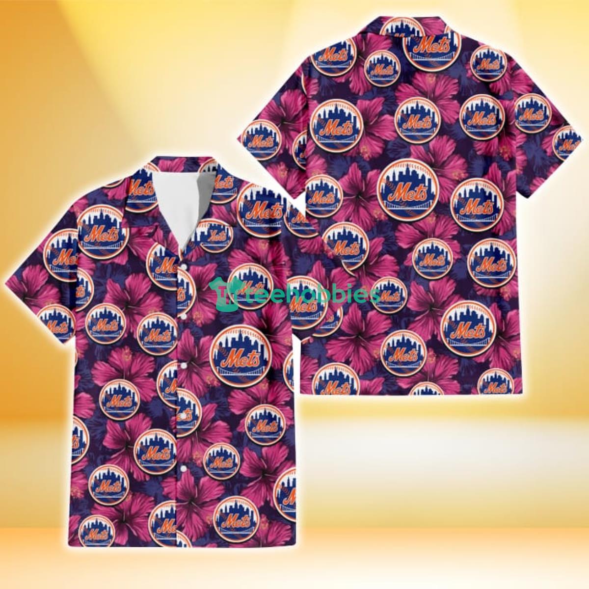 New York Mets Plum Vilolet Hibiscus Dark Navy Leaf Black 3D Hawaiian Shirt Gift For Fans Product Photo 1