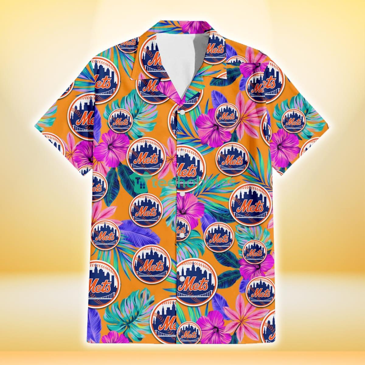 New York Mets Purple Hibiscus Neon Leaf Orange Background 3D Hawaiian Shirt Gift For Fans Product Photo 2