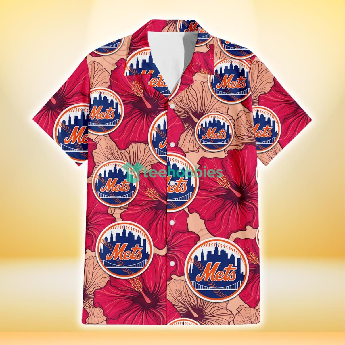 New York Mets Red Beige Hibiscus Beige Background 3D Hawaiian Shirt Gift For Fans Product Photo 2