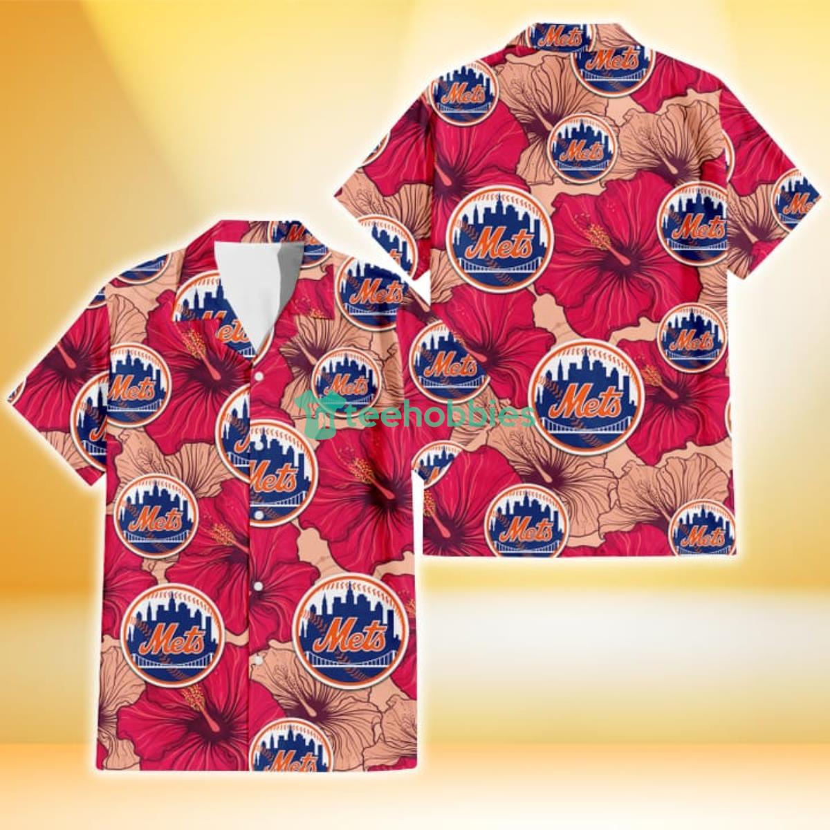New York Mets Red Beige Hibiscus Beige Background 3D Hawaiian Shirt Gift For Fans Product Photo 1
