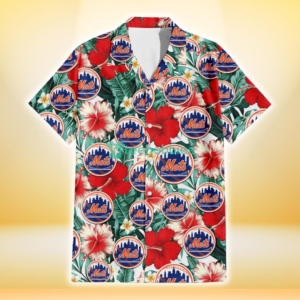 New York Mets Red Coral Hibiscus White Porcelain Flower Banana Leaf 3D Hawaiian Shirt Gift For Fans Product Photo 2