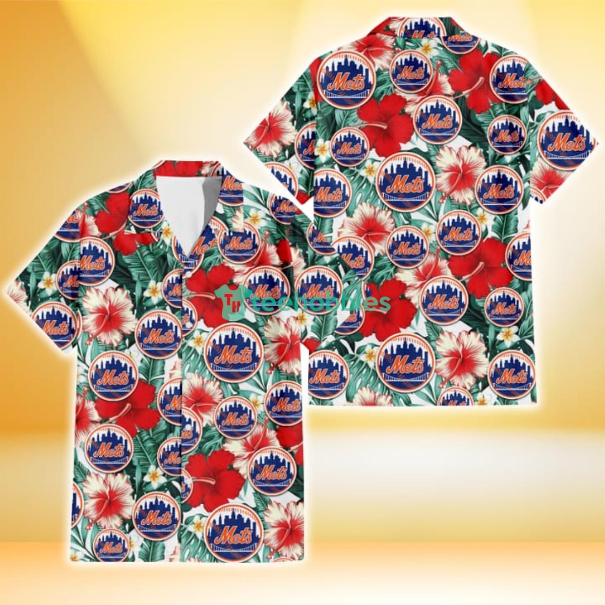 New York Mets Red Coral Hibiscus White Porcelain Flower Banana Leaf 3D Hawaiian Shirt Gift For Fans Product Photo 1