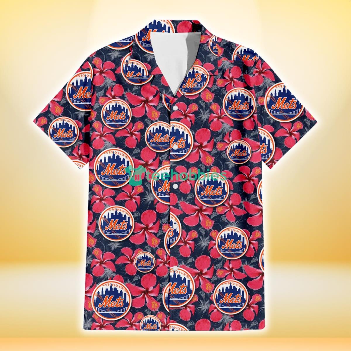New York Mets Red Hibiscus Dark Gray Background 3D Hawaiian Shirt Gift For Fans Product Photo 2
