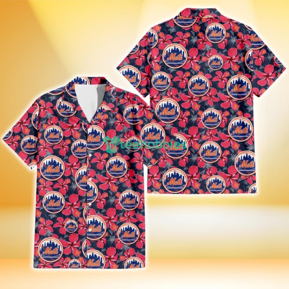 New York Mets Red Hibiscus Dark Gray Background 3D Hawaiian Shirt Gift For Fans Product Photo 1
