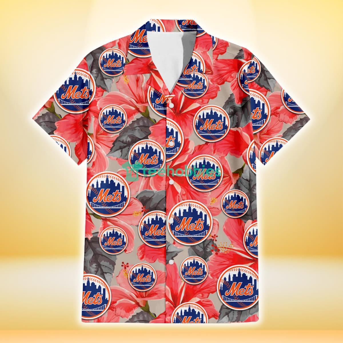 New York Mets Red Hibiscus Gray Leaf Beige Background 3D Hawaiian Shirt Gift For Fans Product Photo 2