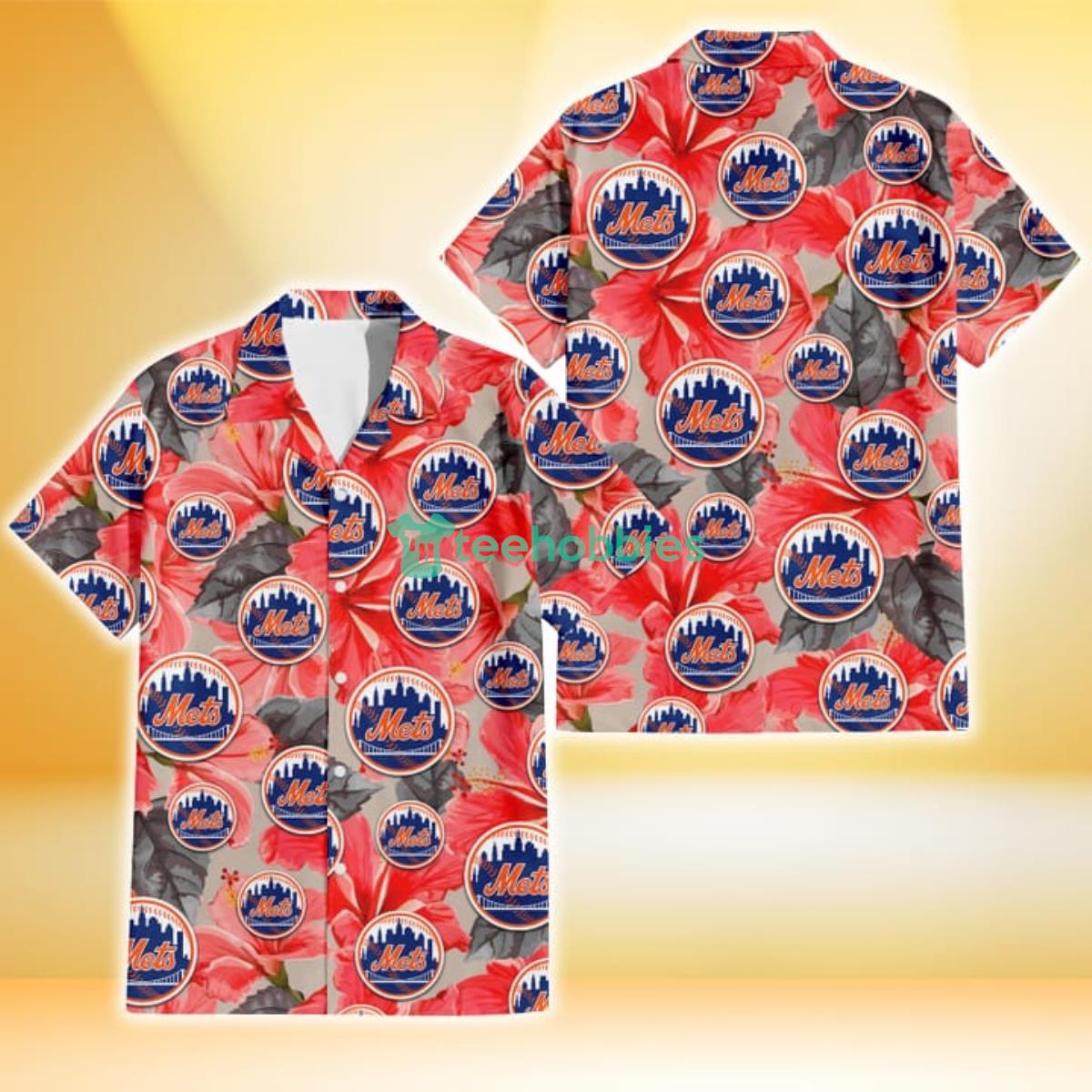 New York Mets Red Hibiscus Gray Leaf Beige Background 3D Hawaiian Shirt Gift For Fans Product Photo 1