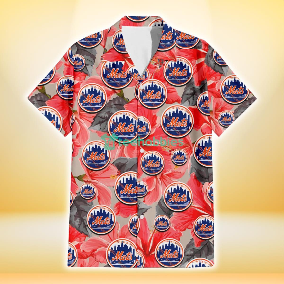 New York Mets Red Hibiscus Gray Leaf Gainsboro Background 3D Hawaiian Shirt Gift For Fans Product Photo 2
