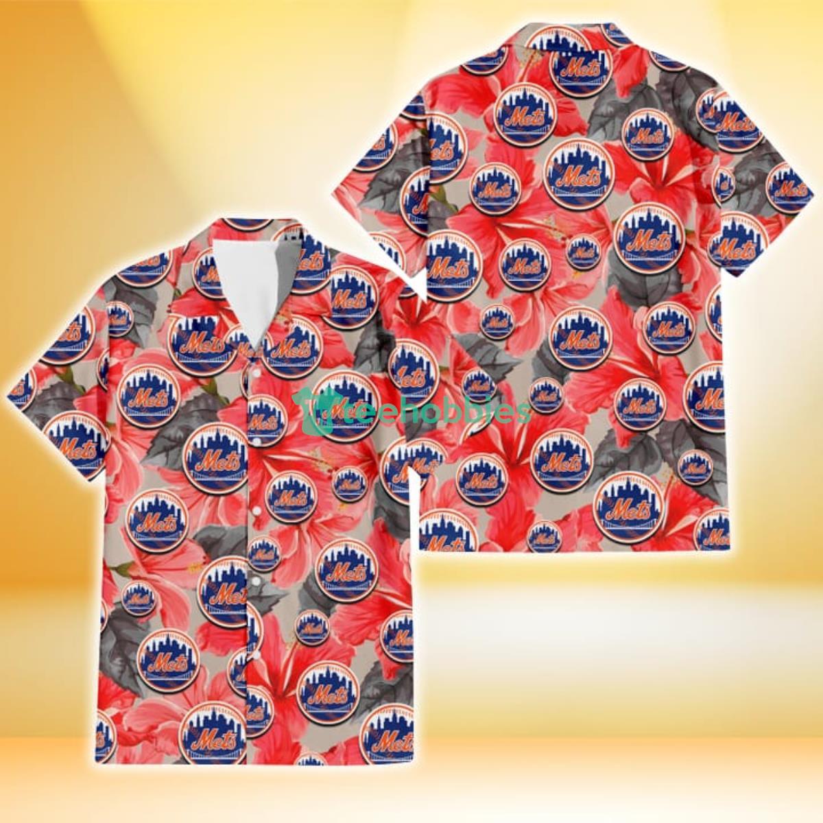 New York Mets Red Hibiscus Gray Leaf Gainsboro Background 3D Hawaiian Shirt Gift For Fans Product Photo 1