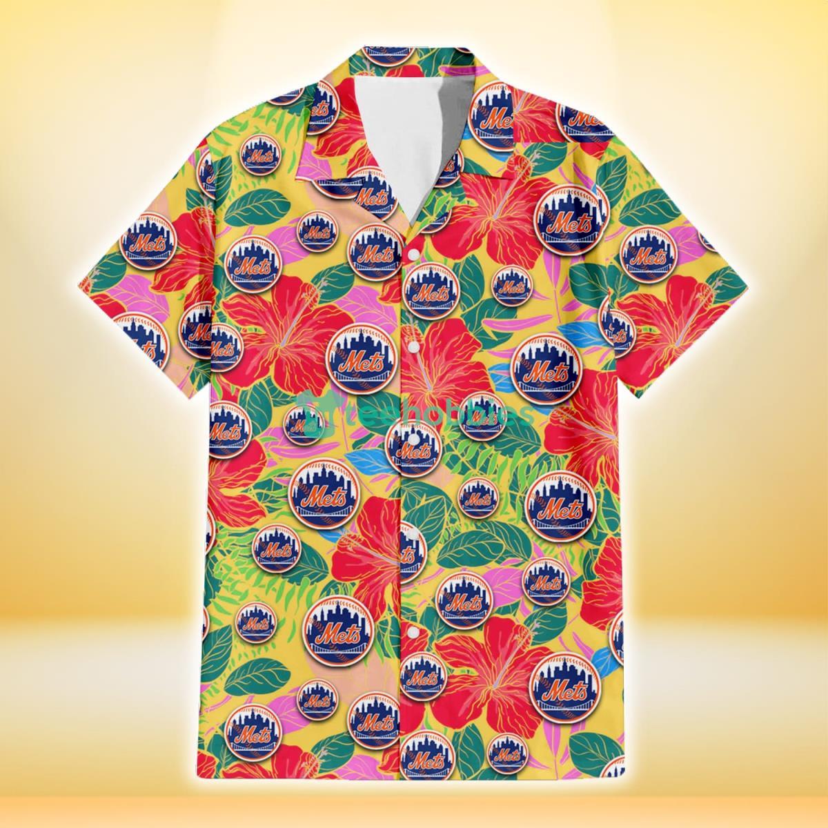New York Mets Red Hibiscus Green Blue Leaf Yellow Background 3D Hawaiian Shirt Gift For Fans Product Photo 2
